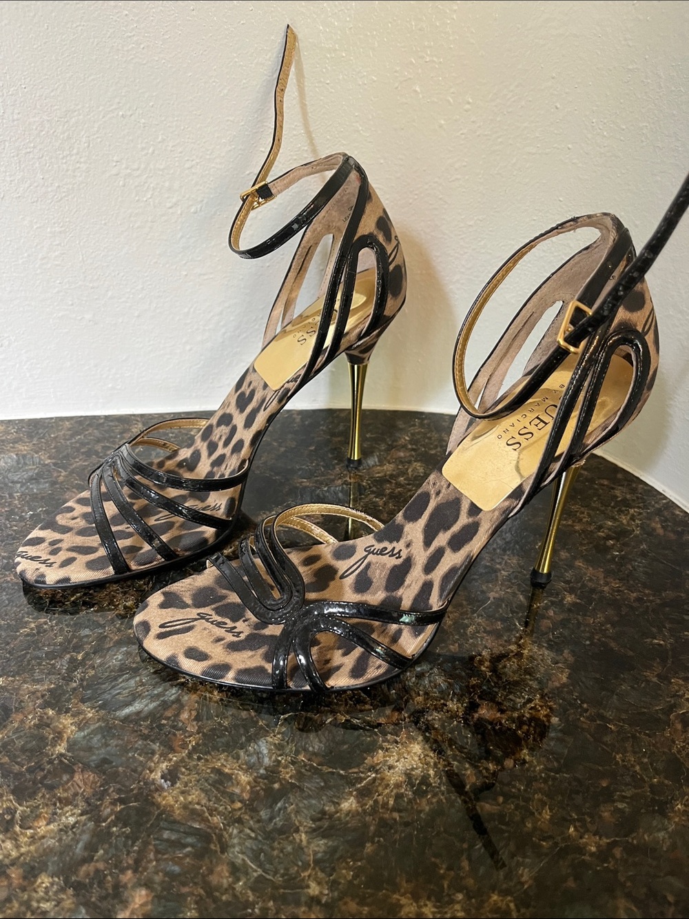 GUESS Leopard Print and Black Patent Stiletto Sandals